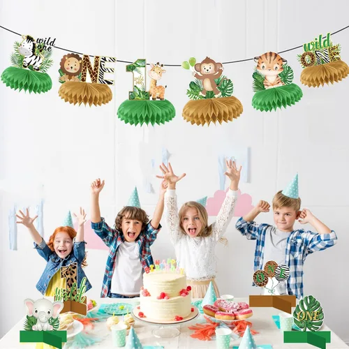 Vista 6 de 10 centros de mesa de panal Wild One, decoraciones de cumpleaños para niños y niñas, centros de mesa de safari para mesas 3D de doble cara para baby