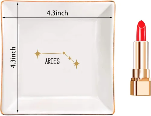 Vista 5 de XJF Aries - Plato para anillos del zodiaco, anillo o collar de astrología, bandeja de cerámica para baratijas, regalos de constelación para mujeres