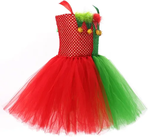 Vista 5 de IBTOM CASTLE Disfraces de elfo para niños, vestido de tul y sombrero verde para niña, ayudante de Papá Noel, sesión de fotos de Navidad