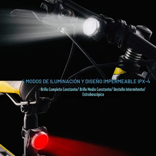 Vista 5 de Juego de luces para bicicleta recargables USB, faro delantero LED y luz trasera, luz de bicicleta impermeable, 4 modos, silicona y plástico, LED