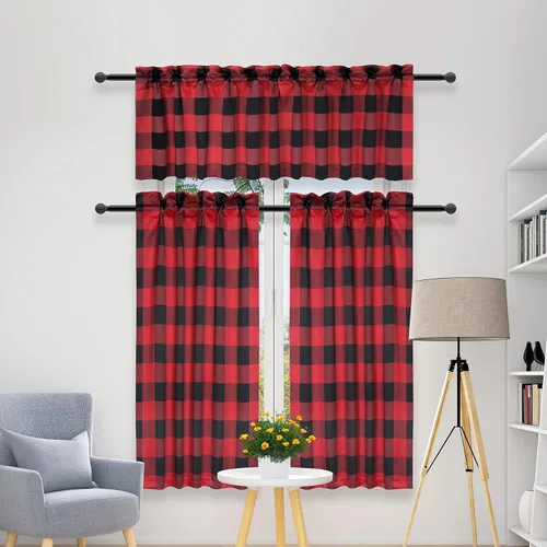 Vista 2 de Simple Deluxe 2 cortinas de cocina a cuadros de búfalo, cortinas cortas a cuadros para ventanas de media cafetería, 26 pulgadas de ancho x 36 Negro