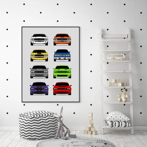 Vista 6 de Custom Car Posters Póster hecho a mano compatible con Dodge Challenger Generations e impresión de Challenger SRT, multicolor, impresión metálica