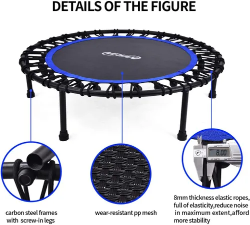 Vista 7 de Newan Mini trampolín silencioso de 40 a 48 pulgadas, trampolín de fitness, bungee rebote, entrenamiento cardiovascular, entrenamiento para adultos