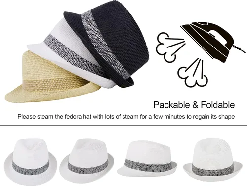 Vista 4 de Livingston Sombrero de paja Fedora para mujeres y hombres, plegable y plegable estilo Panamá Trilby Panamá sombrero de playa de verano