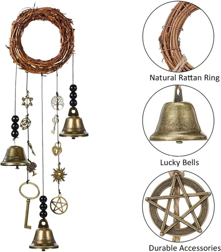 Vista 3 de Campanas de bruja para perilla de puerta para protección, kit de 2 carillones de viento de bruja, corona colgante hecha a mano, decoración Wiccan