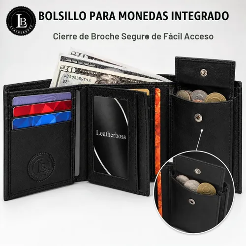 Vista 2 de Leatherboss - Cartera de piel para niños, delgada, compacta, con solapa y bolsillo para monedas, para hombres y mujeres, color negro