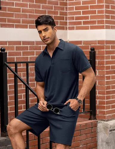 Vista 3 de COOFANDY - Conjunto de polo y pantalones cortos de punto acanalado para hombre, 2 piezas, atuendo de verano, traje casual deportivo con bolsillos