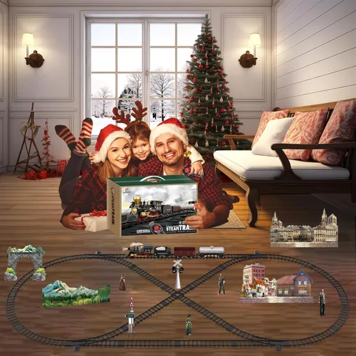 Vista 8 de Juego de tren para niños con control remoto, juguetes de tren con locomotora de vapor, tanque de combustible y pistas de lujo, trenes eléctricos
