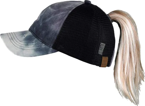 Vista 6 de Funky Junque - Gorro de béisbol para mujer, gorro de papá, gorro con cola de caballo, gorro con pelo despeinado, gorro pony. Negro - Malla Beige