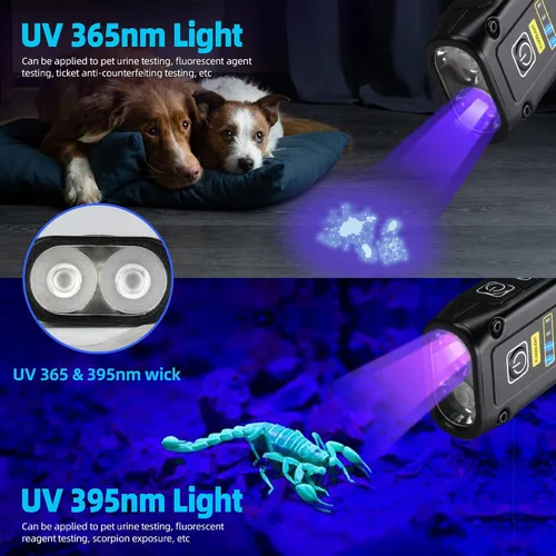 Vista 2 de DARKBEAM Linterna UV 365+395 Luz Negra, Linternas LED EDC de Alto Lumen USB C Recargables Lámpara Woods, Mini Luz Roja COB Magnética - Energía