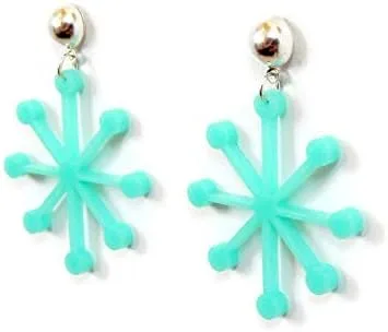 Vista 4 de Mid Century Modern Sputnik Dangle Earrings, Womens Retro Mid Century Aqua Flower Shape Drop Earrings
