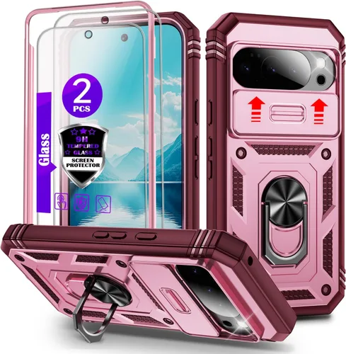Vista 8 de Funda para Pixel 9 Pro XL con cubierta deslizante para cámara, 2 protectores de pantalla de vidrio templado, soporte de anillo giratorio de 360°