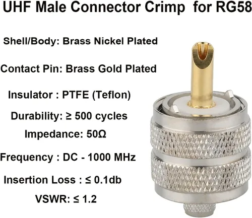 Vista 3 de Paquete de 5 conectores de crimpado macho UHF PL-259 PL259 para RG58/U LMR195 (UHF macho crimpado RG58)