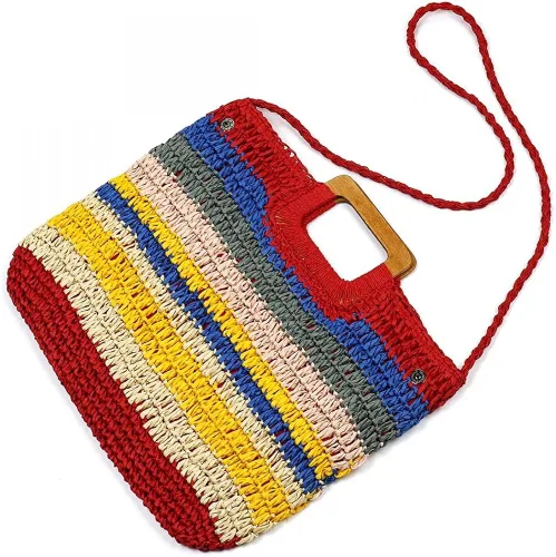 Vista 3 de Bolso de mano tejido colorido hecho a mano de bambú para mujer