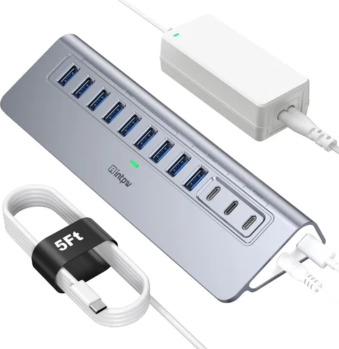 Vista 9 de Hub USB alimentado de 10 Gbps, intpw YH6AC Divisor USB de 9 puertos con USB A/USB C 3.2, 4 USB 3.0, 2 puertos de carga PD de 45 W, adaptador