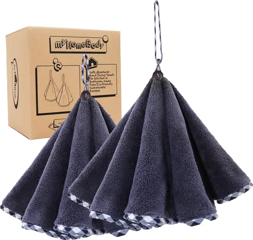 Vista 9 de myHomeBody Toallas de mano con bucles para colgar, ropa de limpieza de fibra de carbón absorbente con botón de cáscara de coco para cocina