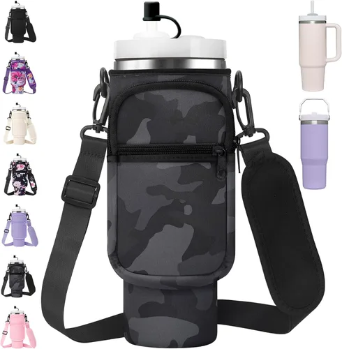 Vista 11 de AceTreker Bolsa de transporte para botella de agua con correa para vaso Stanley de 40/30 onzas, funda aislante de neopreno con bolsillo para 01-Crema