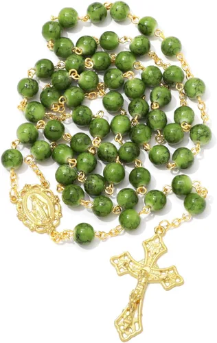 Vista 24 de KOMI Rosario de cuentas católicas para mujer, collar de cuentas de rosario con cruz de crucifijo, perlas de cristal, rosario, rosarios, católicos