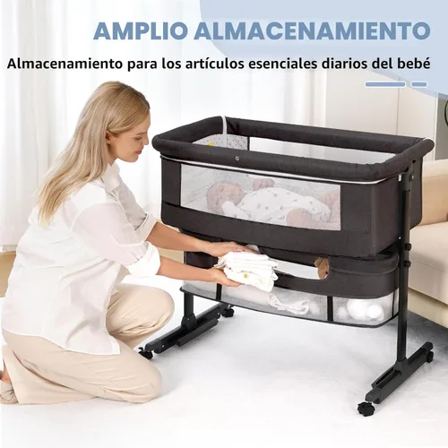 Vista 5 de Moisés para bebé, 3 en 1, para poner al lado de la cama, con ruedas, altura ajustable con modo de balanceo, malla transpirable, cesta