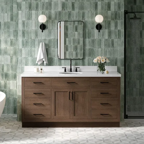 Vista 15 de ARIEL Hepburn - Tocador de baño de 30 pulgadas con fregadero, madera maciza, encimera y protector contra salpicaduras de cuarzo blanco puro de 1.5