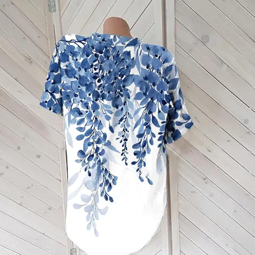 Vista 5 de Blusas casuales de lino y algodón para mujer, con estampado floral, manga corta, con botones y cuello en V