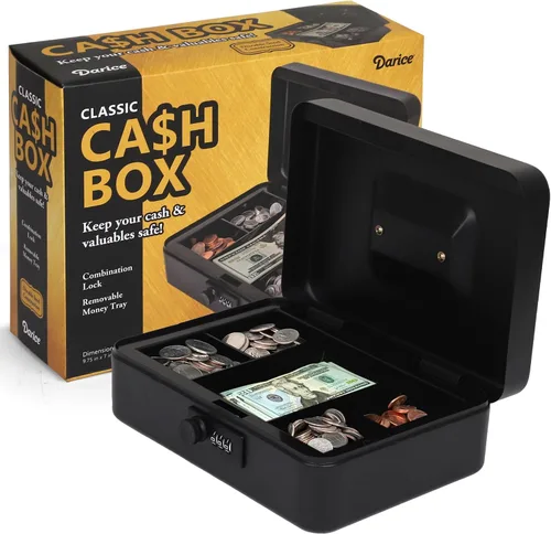 Vista 7 de Darice Caja de seguridad para dinero – Caja de dinero mediana con bandeja de dinero y candado – Caja de seguridad – Organizador para billetes