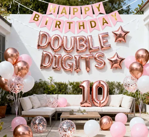 Vista 11 de Decoraciones de cumpleaños número 10 para niños, decoración negra de papel de aluminio de doble dígito, pancarta negra número 10 con globos