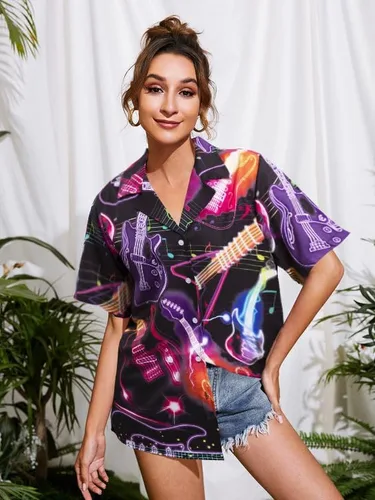 Vista 5 de Camisas hawaianas para mujer, camisa vintage de los años 80 y 90, camisa de discoteca de neón, camisa de fiesta divertida de música country