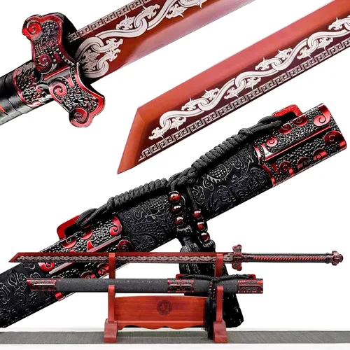 Vista 10 de Espada china de acero de alto carbono SJ SHI JIAN dinastía Tang Dao hoja recta con patrón de dragón funda