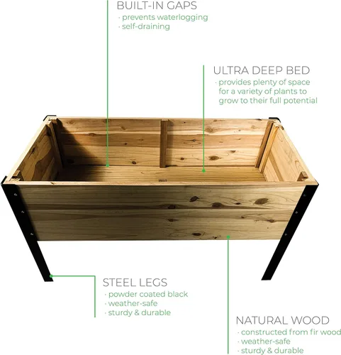 Vista 4 de Maceta elevada de madera con patas de acero, kit de cama de jardín para patio al aire libre para cultivar verduras, madera natural resistente a