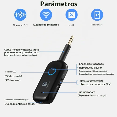 Vista 2 de Receptor transmisor de audio Bluetooth 5.2 para TV, 2 conexiones de dispositivos BT Transmisor Bluetooth para auriculares, adaptador