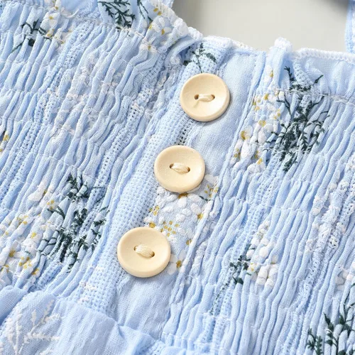 Vista 4 de JEELLIGULAR Vestido de mezclilla sin mangas con volantes y botones para niñas pequeñas, vestido de verano para playa, casual, acampanado, vestido