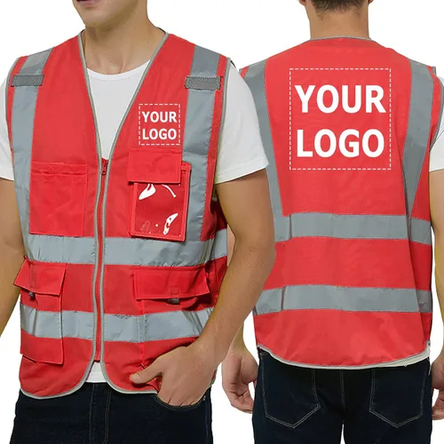 Vista 10 de TopTie Personaliza tu logotipo reflectante chaleco de seguridad cremallera frontal con 9 bolsillos, cumple con las normas ANSI/ISEA Clase 2
