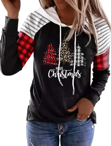 Vista 9 de LLHXRUI Sudadera de Navidad con diseño de árbol a cuadros y rayas para mujer, camiseta con bolsillo con capucha, manga larga, bloque de color Como