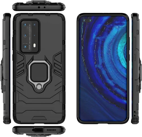 Vista 3 de Compatible con Huawei P40 Pro+, soporte de anillo de metal (funciona con soporte magnético para automóvil), funda resistente de doble capa para Negro