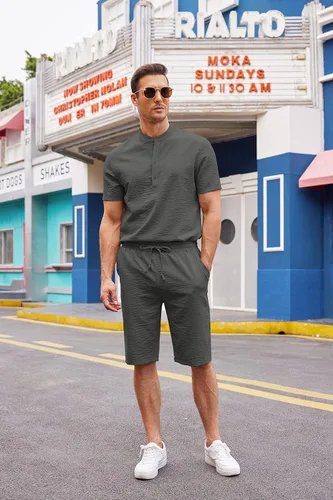 Vista 9 de COOFANDY Conjunto de 2 piezas de lino para hombre, camisas Henley casuales de manga corta, pantalones cortos de yoga para la playa, pantalones