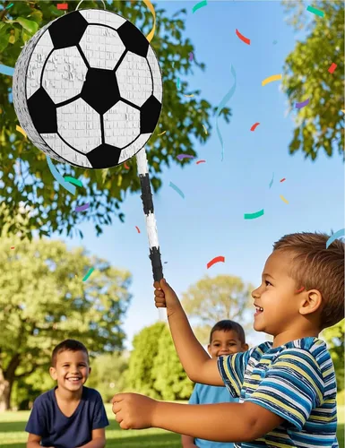 Vista 6 de Piñata de fútbol – Incluye palo de madera, vendaje de ojos y confeti – 13 x 13 x 3 pulgadas – Perfecto para decoraciones de fiestas deportivas