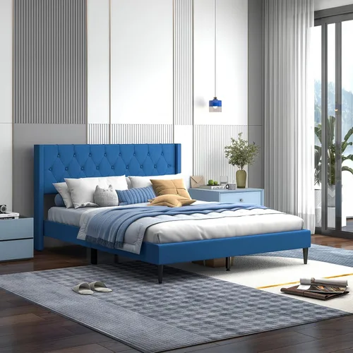 Vista 12 de Giantex Base de cama de plataforma de tamaño individual con respaldo de alas, base de cama tapizada de tela con cabecera capitonada con botones