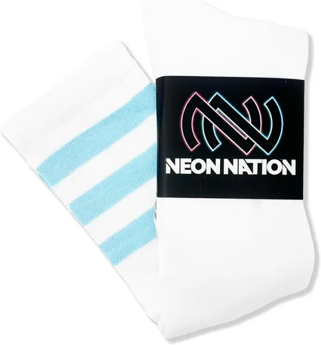 Vista 4 de NEON NATION Calcetines de tubo unisex blancos hasta la rodilla con varias rayas de colores Blanco con rayas azules bebé