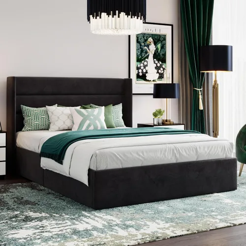Vista 8 de SHA CERLIN Cama de Almacenamiento Elevable Tamaño Completo/Tapizada en Terciopelo/Cabecera Moderna Wingback/Marco de Cama Plataforma Negro