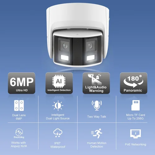Vista 3 de Anpviz Cámara de seguridad de doble lente PoE de 6 MP para exteriores, panorámica de 180° gran angular IP Dome con cable cámara con detección