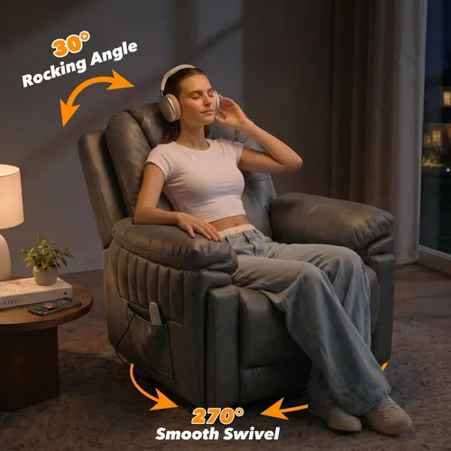 Vista 7 de Silla reclinable eléctrica con mecedora automática y control remoto Eco-pu Cuero Gris