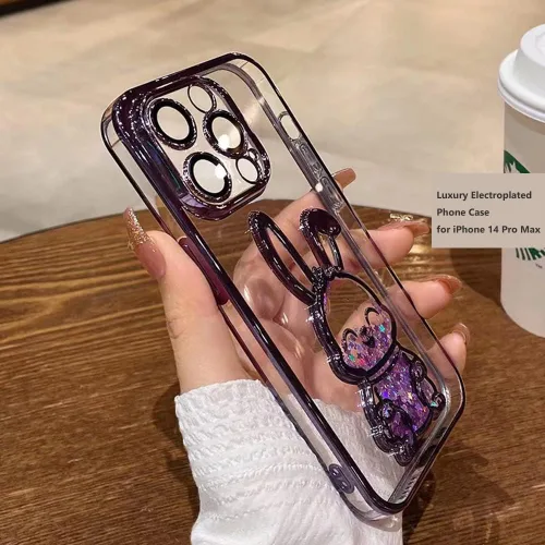 Vista 6 de Funda compatible con iPhone 15 Pro Max con protector de lente de cámara para mujeres y niñas, cubierta de lujo galvanizada con purpurina