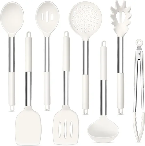 Vista 10 de TeamFar Juego de 8 utensilios de cocina, utensilios de cocina de silicona, con mango de acero inoxidable, para freír, servir, voltear y escurrir,