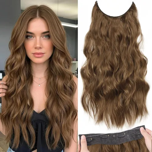 Vista 44 de Extensiones de cabello con hilo invisible, diadema transparente, ajustables, 4 clips fijadores, cabello largo y ondulado de 12 pulgadas, balayage