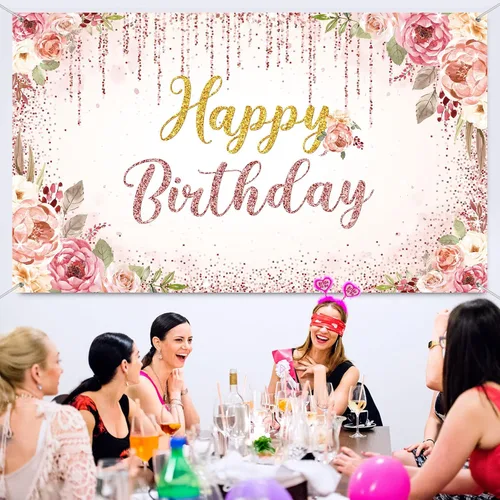 Vista 5 de Decoraciones de fondo de feliz cumpleaños para mujeres, suministros de fiesta, telón de fondo rosa, fotografía para niñas y niños, pancarta floral