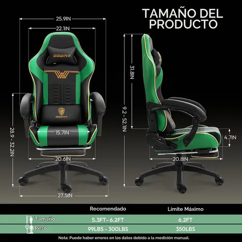 Vista 2 de Dowinx - Silla de juegos grande y alta, 350 libras con reposapiés lumbar de masaje Verde