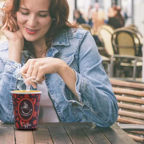 Vista 7 de Tazas de café de papel desechables con tapas, perfectas para té y bebidas calientes, paquete de 100 (8 onzas, diseño de grano de café)