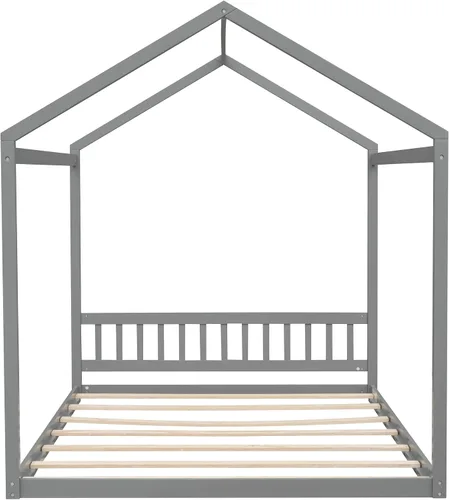 Vista 7 de Harper & Bright Designs Marco de cama de casa tamaño Queen, marco de cama Montessori de madera con cabecero, cama de piso para niños para niñas Gris