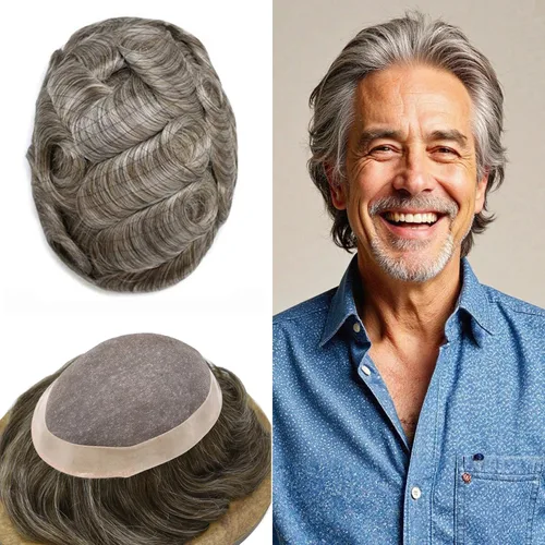 Vista 75 de Mens Toupee Hair Piece Real Human Hair Fine Mono Toupee para hombres Sistema de reemplazo de cabello para hombre Postizo Protesis Capilar Para